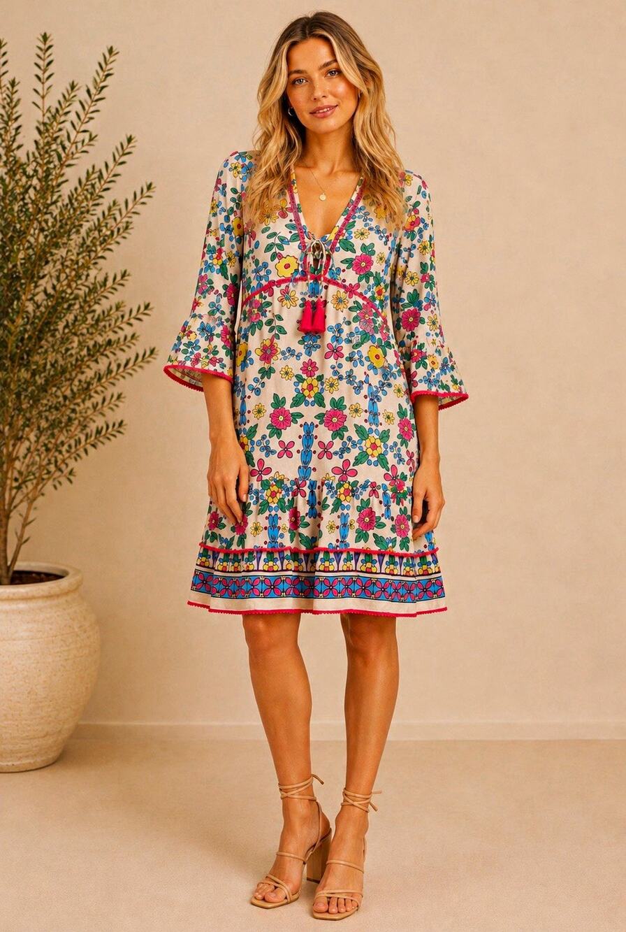 Modaposa Brigida Boho Floral V-Neck Tassel Tie A-Line Mini Knee Dress Cotton XL